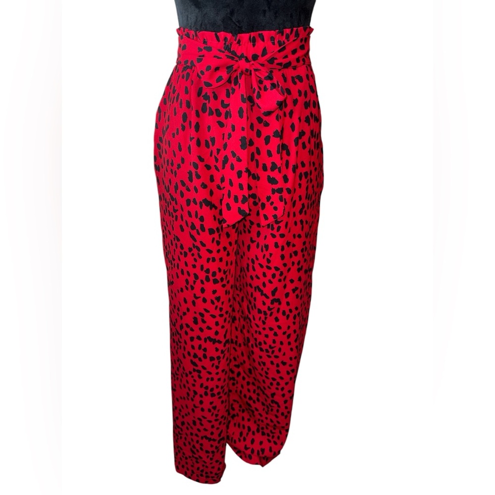 Ecowish Red Leopard Print Wide Leg High Waisted Pants With Tie, Size Large, NWOT